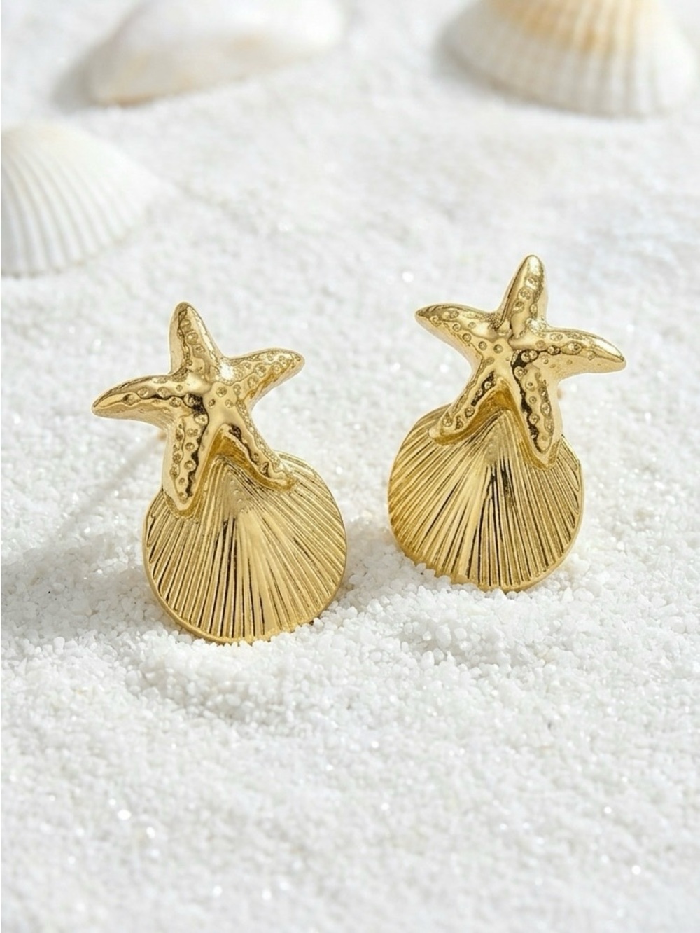 14k Gold Plated Starfish & Seashell Stud Earrings - Dainty Beach Jewelry - Picture 7 of 11